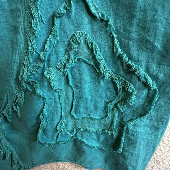 Pecock Ways Artisan 100% Linen Teal Lagenlook Tunic Top Dress Sz L Art To Wear - Picture 2 of 16